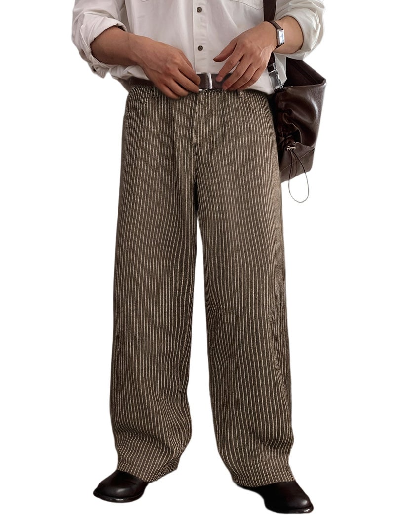 New Men's Coffee Brown Loose Wide Leg Jeans, American Streetwear Hip Hop Style, Jacquard Fabric Denim Pants, Four Seasons Wear, Unisex - Image 1