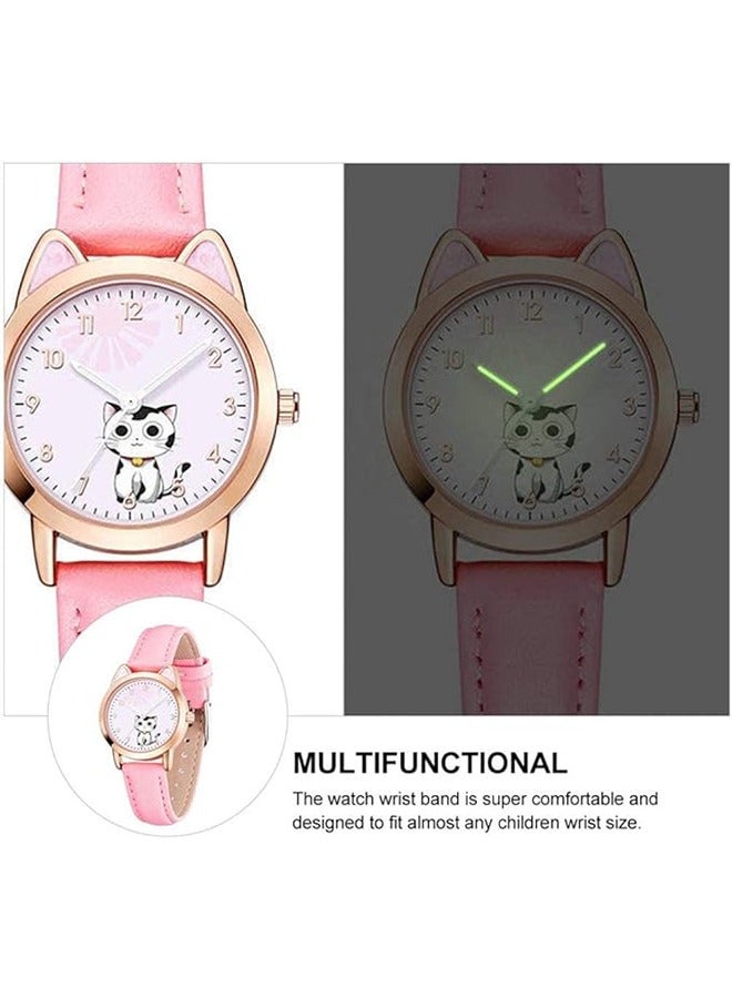Kids Watches,Children Cartoon Watches Luminous Quartz Watches Cute Cat Pattern Casual Leather Watches for Ladies Fashion Women Gift, pink, strap