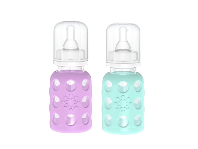 Lifefactory Glass Baby Bottle BPA Free | Protective Silicone Sleeve | 4 oz Pack of 2 | Lavender, Mint - Image 1