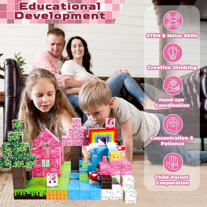 Moonmen Magnetic Building Blocks Set, Mine Magnet World Set For Toddler Educational STEM Construction Toy, Non-Toxic ABS Material Magnet Cubes Construction Toys (100 Pcs Unicorn) - Image 3