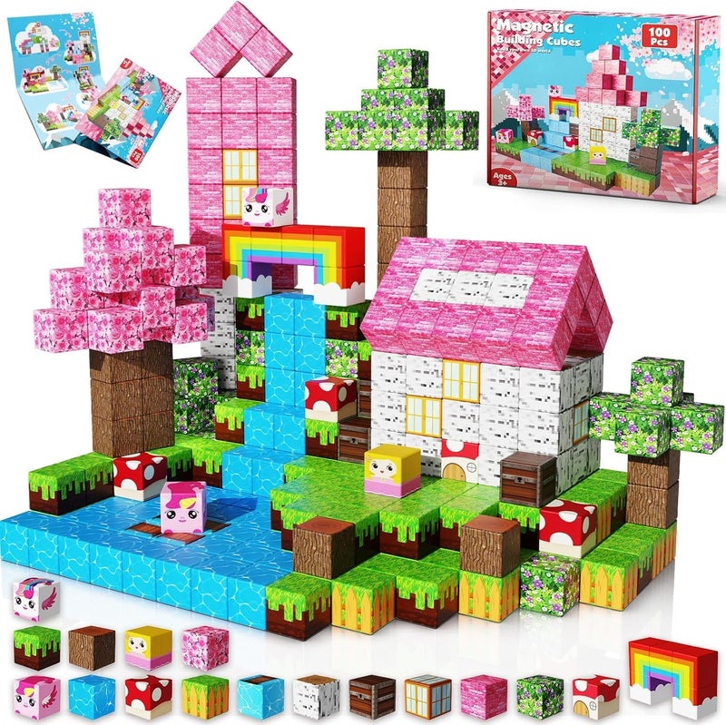 Moonmen Magnetic Building Blocks Set, Mine Magnet World Set For Toddler Educational STEM Construction Toy, Non-Toxic ABS Material Magnet Cubes Construction Toys (100 Pcs Unicorn) - Image 1