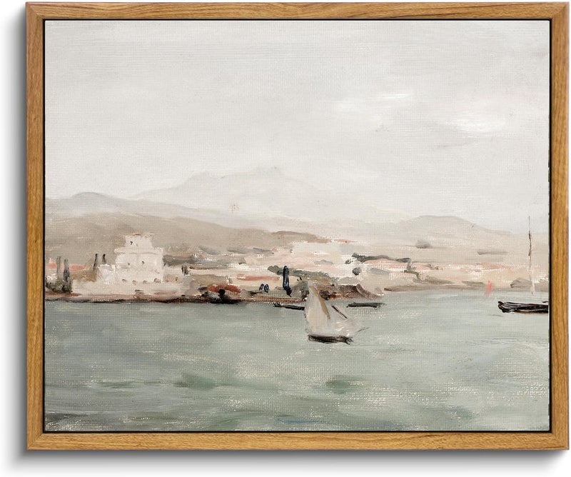 KBKBART Framed Canvas Wall Art View of Mediterranean Coastal Painting  Vintage Coastal Seaside Scenery Canvas Art Prints Bathroom Pictures  Farmhouse Wall Decor for Bathroom  Bedroom Living Room  Vintage Wall Decor(8""x10"") - Image 1