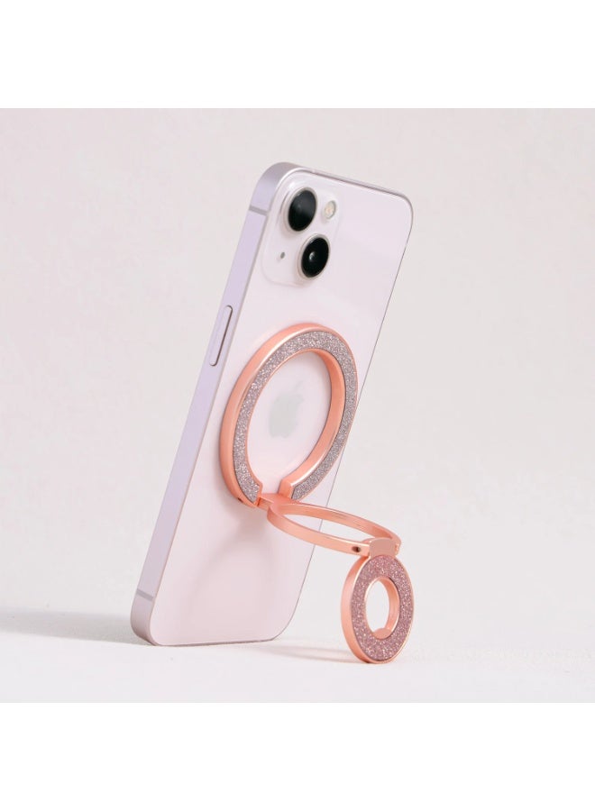 Interstella Rose Gold Glitter Magnetic Ring Phone Holder, 360° Rotating Foldable Grip Stand, Strong MagSafe Magnet Mount, Slim Lightweight Finger Ring for Phones - Image 1