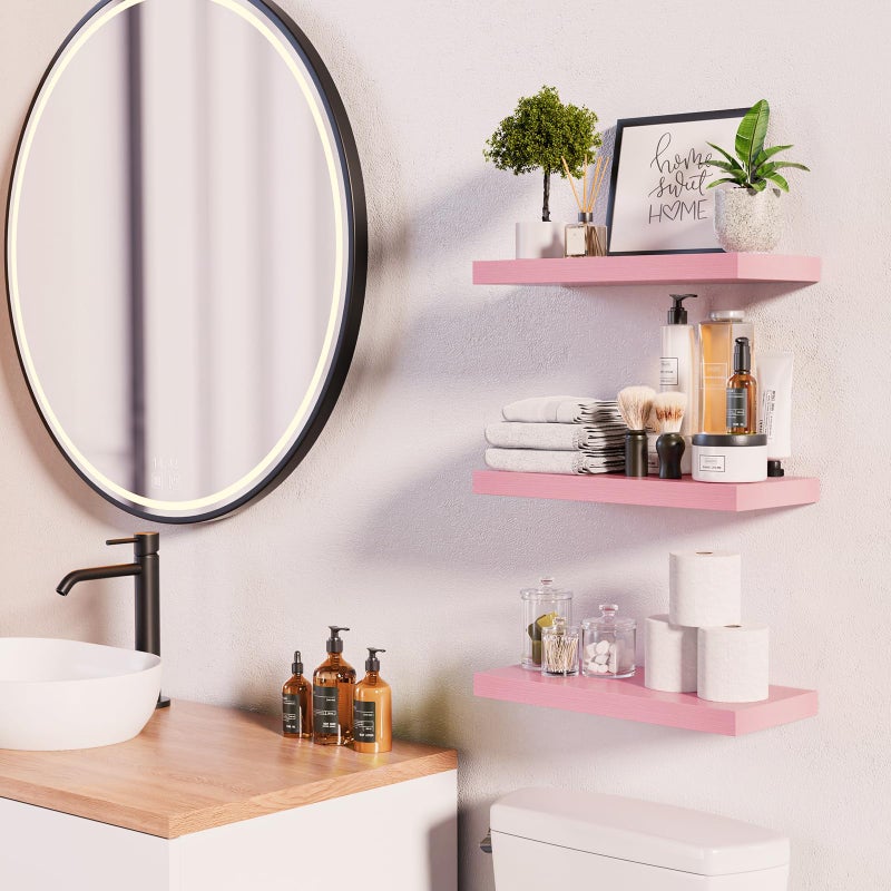 BAYKA Pink Floating Shelves for Wall â€“ 15.7in Wood Wall Shelves for Bathroom, Bedroom, Living Room Decor Organize â€“ Hanging Shelf for Books/Storage/Display with 22lbs Capacity(Set of 3) - Image 2