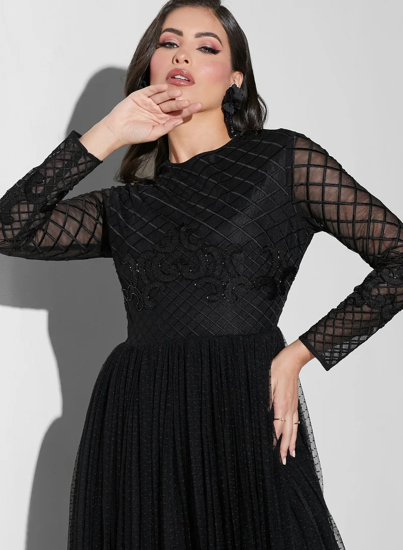 Threadz by Ajooni Plisse Mesh Detail Dress