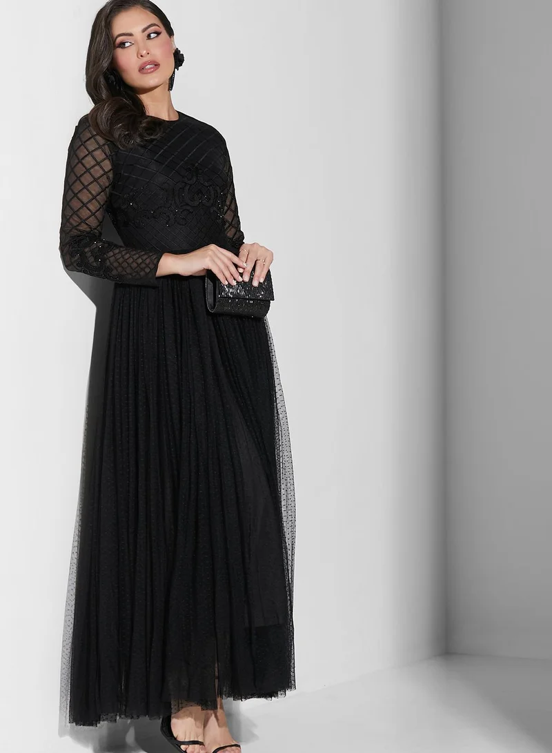Threadz by Ajooni Plisse Mesh Detail Dress