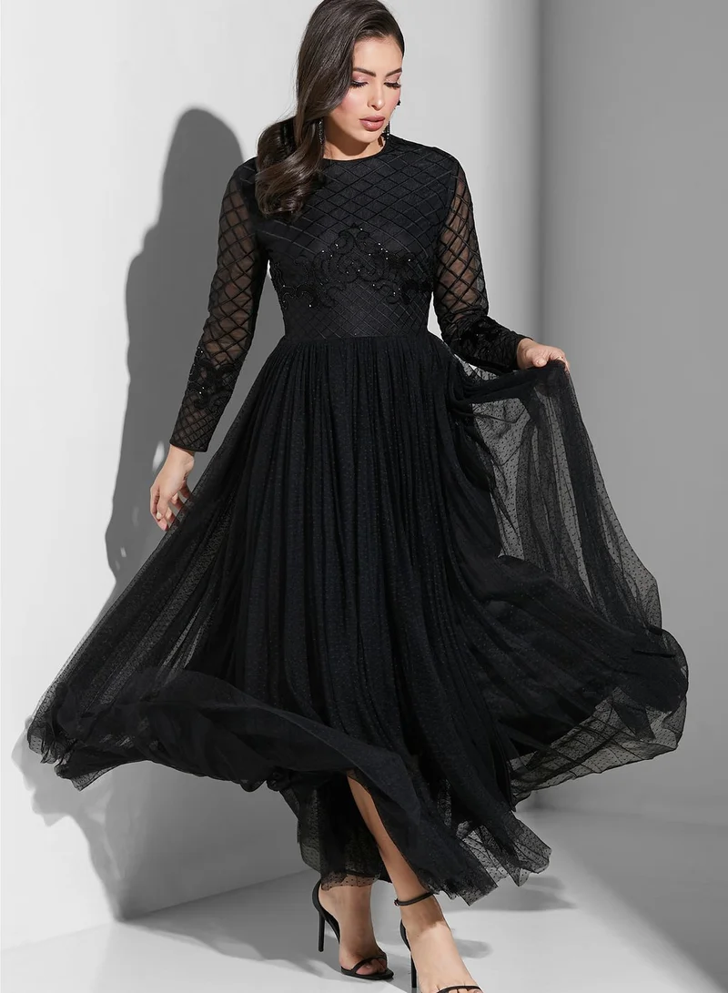 Threadz by Ajooni Plisse Mesh Detail Dress