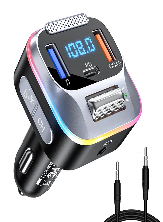 SYOSI Car FM Transmitter Bluetooth 5.0 PD+QC3.0 Car Charger AUX Bluetooth Radio Music Adapter Wireless Big Microphone & HiFi Bass Sound Cigarette Lighter Supports Hands-Free Siri Google Assistant - Image 1