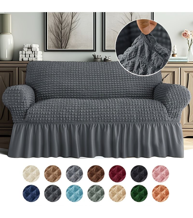 Gray 3 Double Seat Stretch Bubble Waffle Weave Armrest Sofa Cover with Skirt Design - Image 1