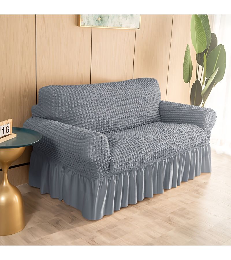Gray 3 Double Seat Stretch Bubble Waffle Weave Armrest Sofa Cover with Skirt Design - Image 5