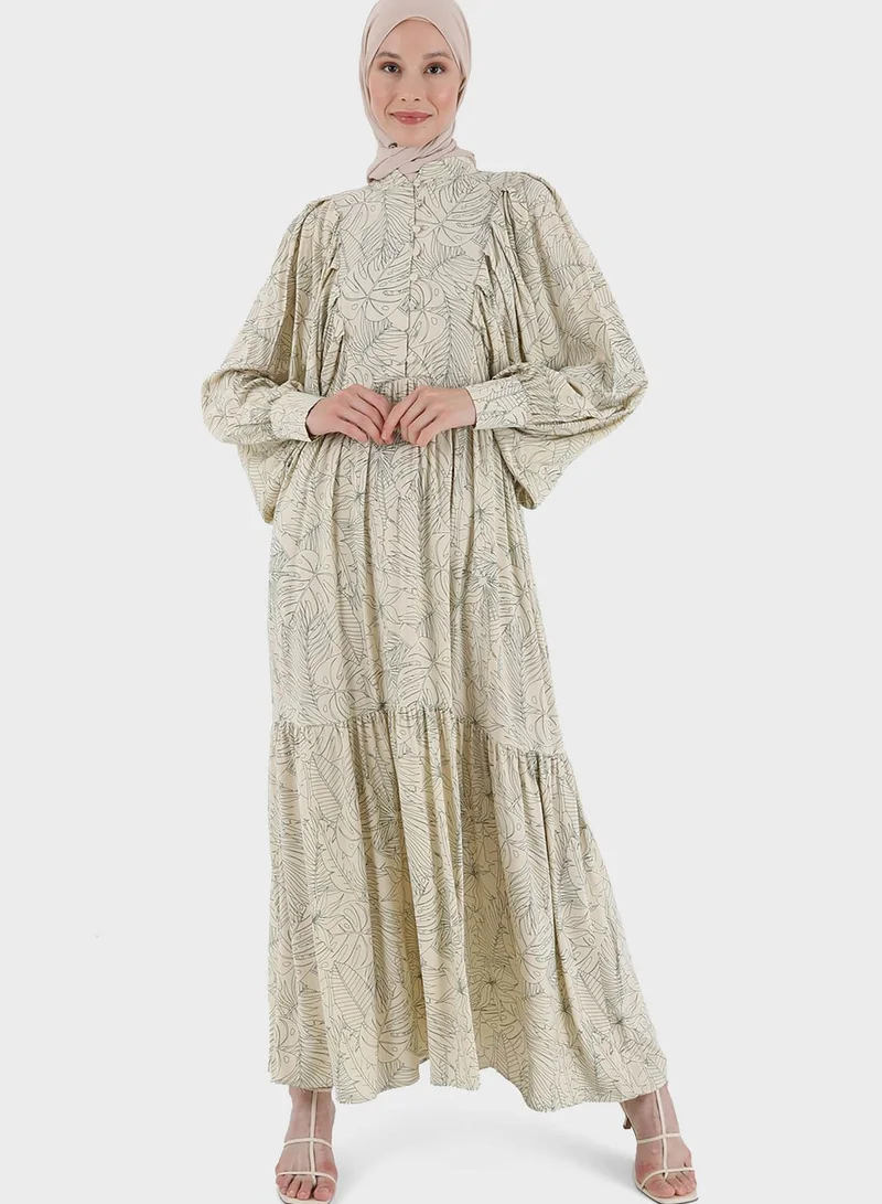 Refka by modanisa Balloon Sleeve Button Detail Tiered Dress