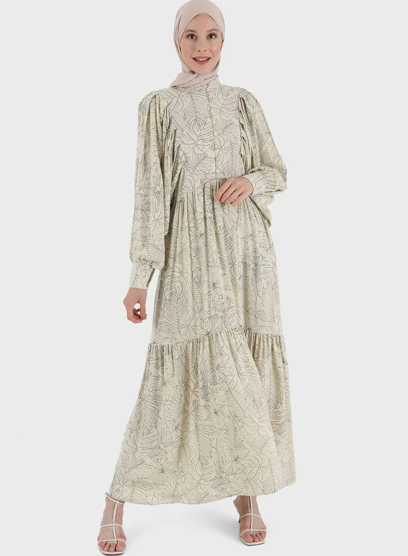 Refka by modanisa Balloon Sleeve Button Detail Tiered Dress