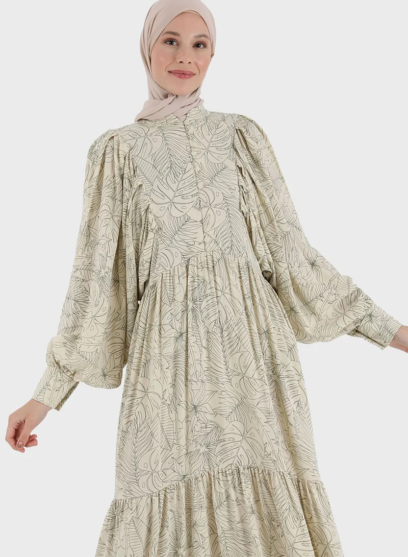 Refka by modanisa Balloon Sleeve Button Detail Tiered Dress