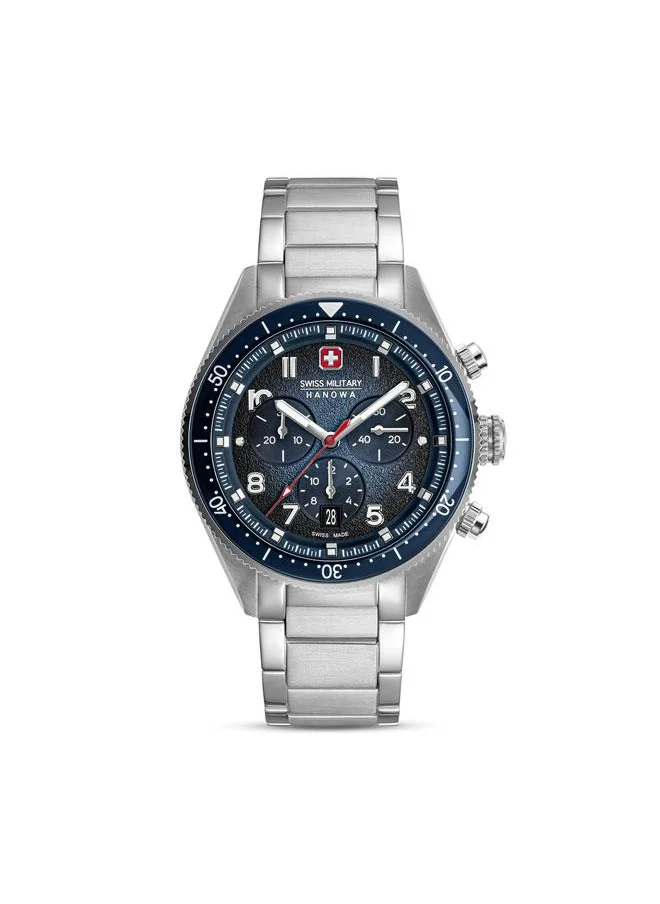 سويس ميليتري هانوا Greyhound Chrono 43mm Men's Watch with Blue Dial & Stainless Steel Bracelet