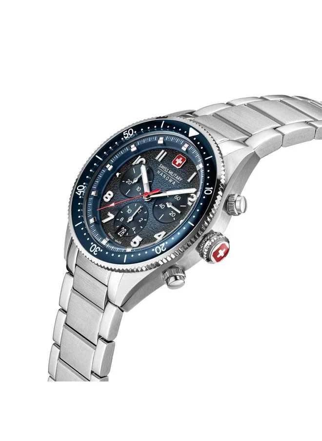 سويس ميليتري هانوا Greyhound Chrono 43mm Men's Watch with Blue Dial & Stainless Steel Bracelet