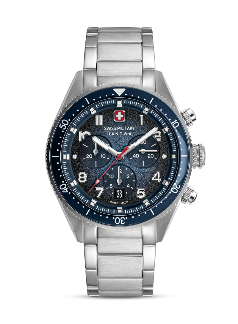 سويس ميليتري هانوا ساعة غرايهاوند كرونو 43 ملم للرجال بقرص أزرق وسوار ستانلس ستيل
