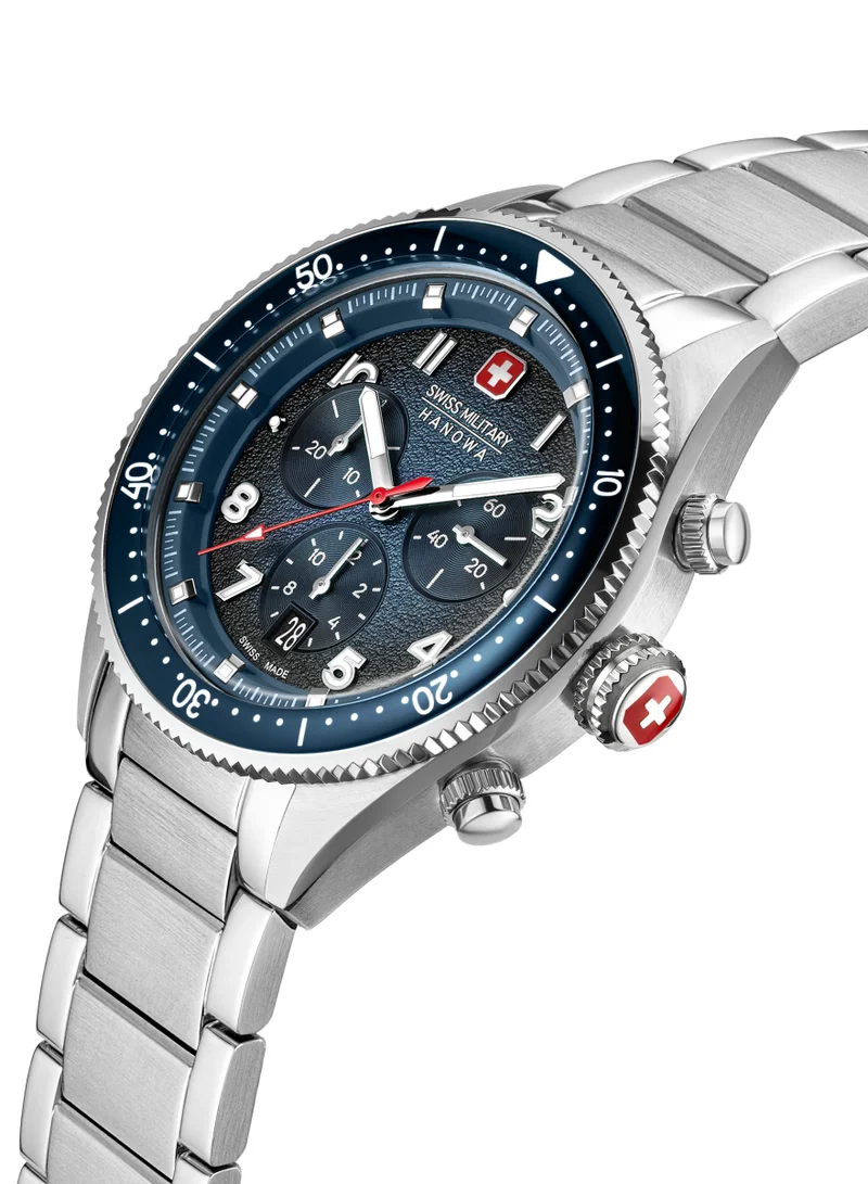سويس ميليتري هانوا ساعة غرايهاوند كرونو 43 ملم للرجال بقرص أزرق وسوار ستانلس ستيل
