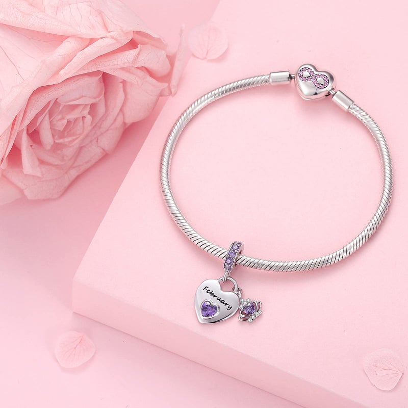 MAVTZRE 925 Sterling Silver Birthstone Charms for Charms Bracelet: Heart Dangle Charms for Pandora Bracelets and Necklaces, March Birthstone Jewelry For Women (February) - Image 3
