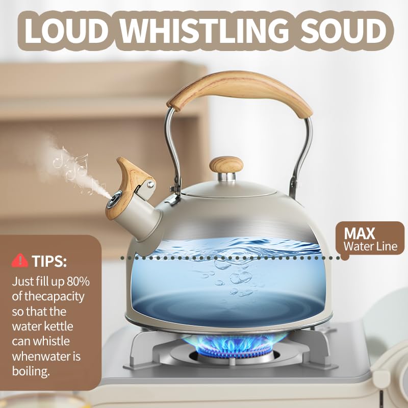 shoxil Stove Top Kettle, 2.5 Quart Whistling Kettle for Gas Hob with Wood Pattern Handle Loud Whistle Food Grade Stainless Steel, Anti-Hot Handle and Anti-Rust, Suitable for All Heat Sources - Image 3