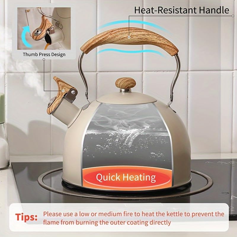 shoxil Stove Top Kettle, 2.5 Quart Whistling Kettle for Gas Hob with Wood Pattern Handle Loud Whistle Food Grade Stainless Steel, Anti-Hot Handle and Anti-Rust, Suitable for All Heat Sources - Image 4