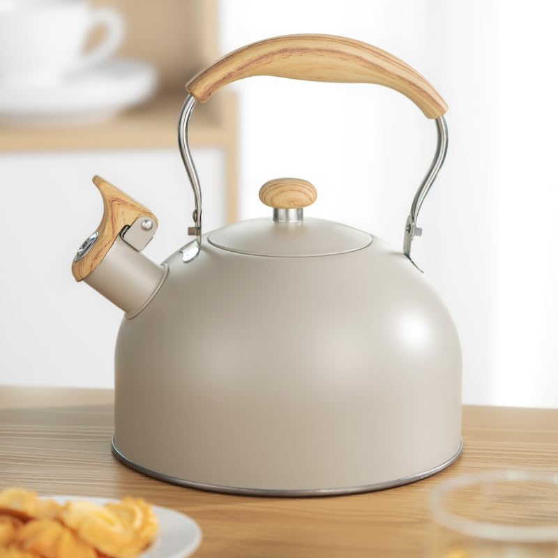 shoxil Stove Top Kettle, 2.5 Quart Whistling Kettle for Gas Hob with Wood Pattern Handle Loud Whistle Food Grade Stainless Steel, Anti-Hot Handle and Anti-Rust, Suitable for All Heat Sources - Image 2