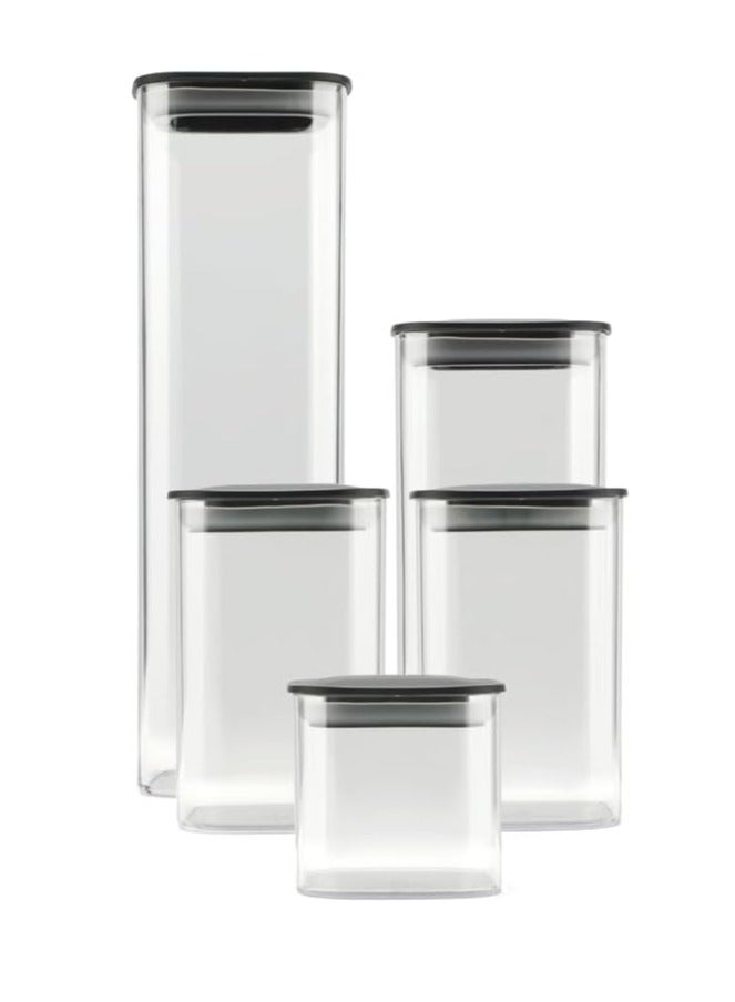 kleez KLEEZ 5-Piece Clear Food Storage Container Set | Airtight Vacuum Seal with Black Lids | Pantry Organizer for Pasta, Cereal, Flour, Sugar, & Beans | Space-Saving Upright Canisters - Image 1