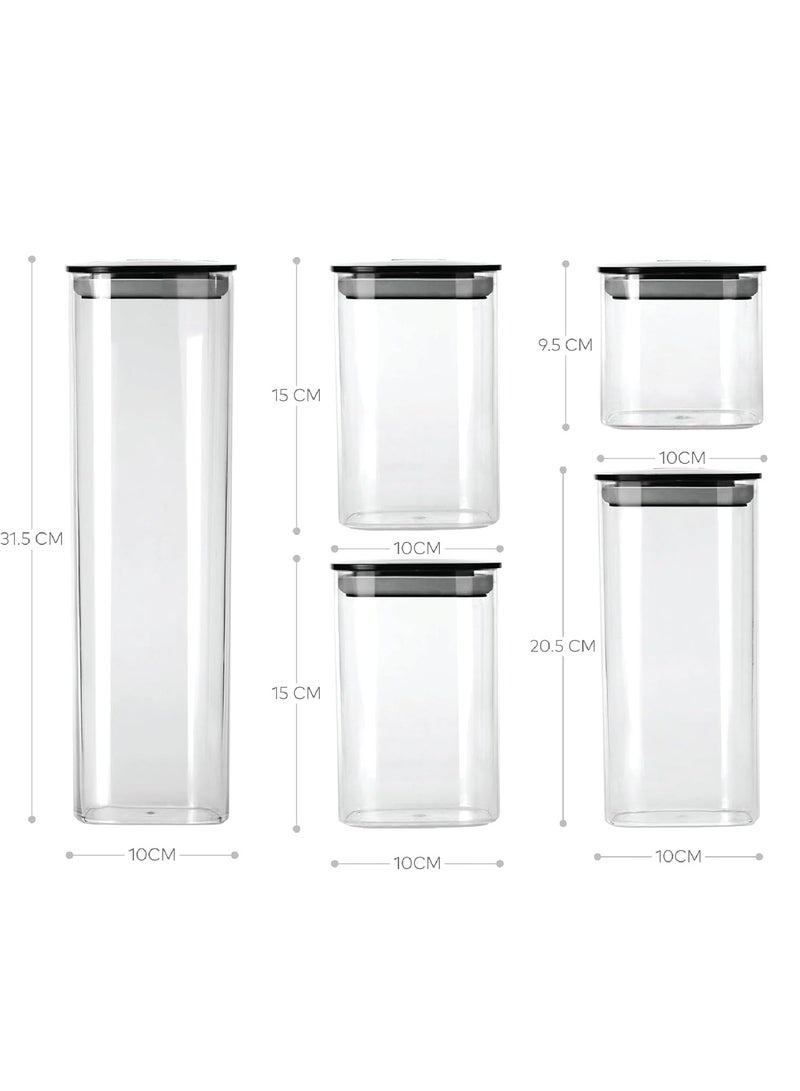 kleez KLEEZ 5-Piece Clear Food Storage Container Set | Airtight Vacuum Seal with Black Lids | Pantry Organizer for Pasta, Cereal, Flour, Sugar, & Beans | Space-Saving Upright Canisters - Image 3