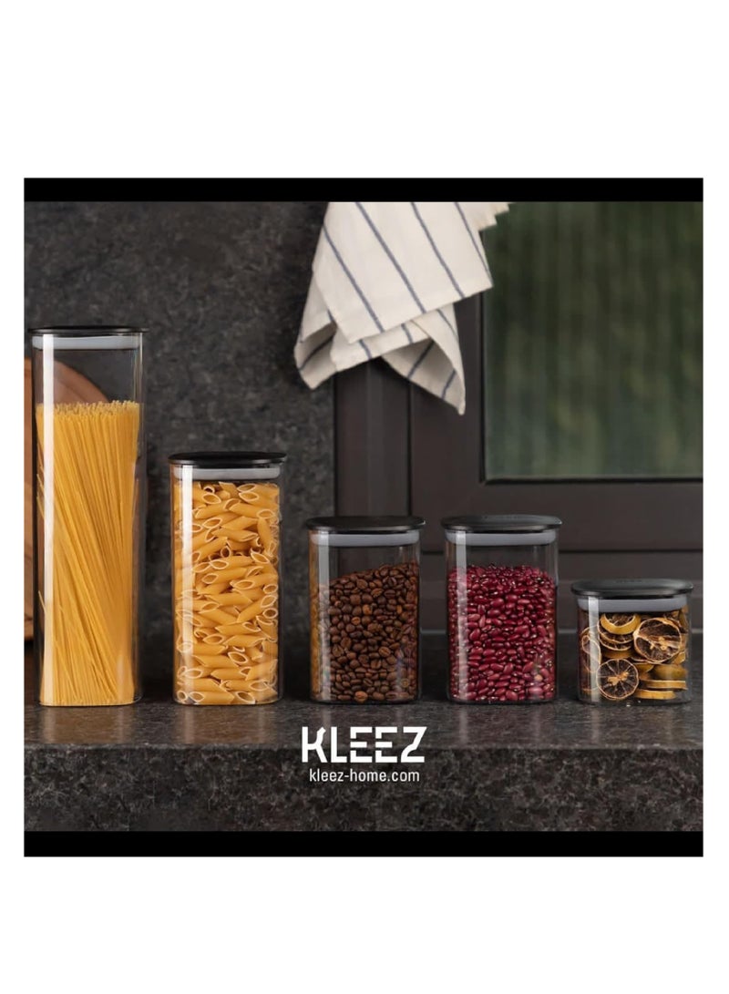 kleez KLEEZ 5-Piece Clear Food Storage Container Set | Airtight Vacuum Seal with Black Lids | Pantry Organizer for Pasta, Cereal, Flour, Sugar, & Beans | Space-Saving Upright Canisters - Image 4