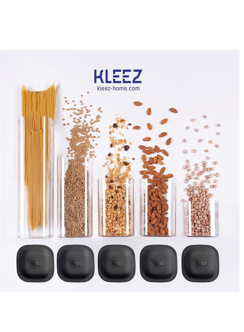 kleez KLEEZ 5-Piece Clear Food Storage Container Set | Airtight Vacuum Seal with Black Lids | Pantry Organizer for Pasta, Cereal, Flour, Sugar, & Beans | Space-Saving Upright Canisters - Image 2