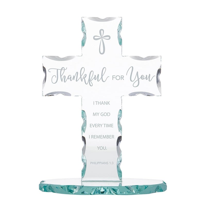 Christian Brands Inspirational Gifts - Laser Engraved Standing Glass Cross, 7.13-Inch, Thankful for You