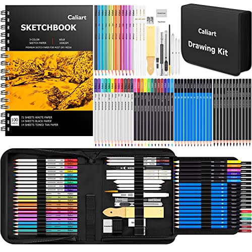 Caliart 176PCS Art Supplies Sketching Kit with 100 Sheets 3-Color Sketch Book, Graphite Colored Charcoal Watercolor & Metallic Pencils, Drawing Set Christmas Gifts for Adults Teens Girls Boys Kids - Image 1