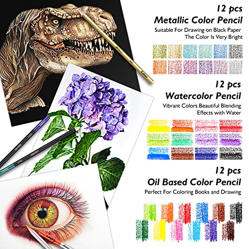 Caliart 176PCS Art Supplies Sketching Kit with 100 Sheets 3-Color Sketch Book, Graphite Colored Charcoal Watercolor & Metallic Pencils, Drawing Set Christmas Gifts for Adults Teens Girls Boys Kids - Image 3