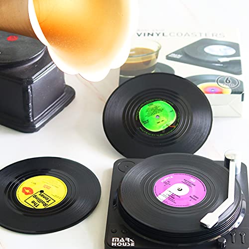 DuoMuo Funny Retro Vinyl Record Coasters for Drinks with Vinyl Record Player Holder for Music Lovers,Set of 6 Conversation Piece Sayings Drink Coaster,Wedding Registry Gift Ideas,Housewarming Hostess Gifts - Image 5