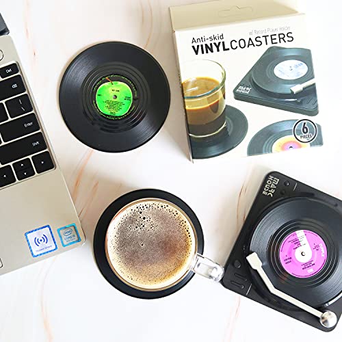 DuoMuo Funny Retro Vinyl Record Coasters for Drinks with Vinyl Record Player Holder for Music Lovers,Set of 6 Conversation Piece Sayings Drink Coaster,Wedding Registry Gift Ideas,Housewarming Hostess Gifts - Image 3