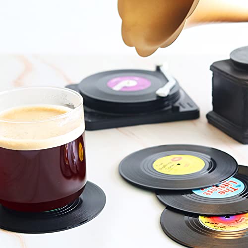 DuoMuo Funny Retro Vinyl Record Coasters for Drinks with Vinyl Record Player Holder for Music Lovers,Set of 6 Conversation Piece Sayings Drink Coaster,Wedding Registry Gift Ideas,Housewarming Hostess Gifts - Image 2