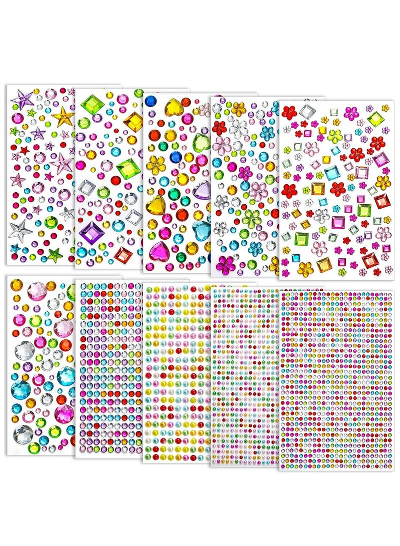 3200 قطعة من ملصقات الأحجار الكريمة للأطفال، 10 أوراق من ملصقات الأحجار الكريمة ذاتية اللصق للحرف اليدوية، ملصقات الأحجار الكريمة اللامعة المزخرفة الماسية للمكياج والمشاريع اليدوية، ألوان وأشكال وأحجام متعددة - Image 1