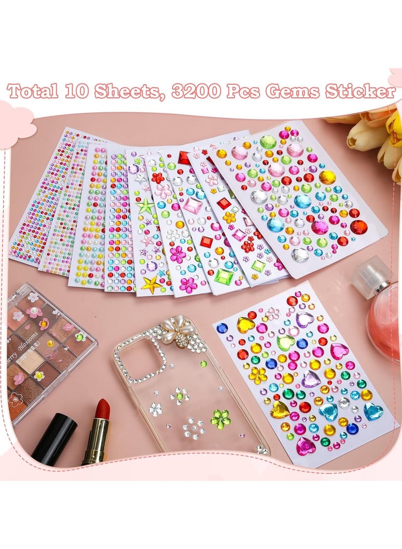3200 قطعة من ملصقات الأحجار الكريمة للأطفال، 10 أوراق من ملصقات الأحجار الكريمة ذاتية اللصق للحرف اليدوية، ملصقات الأحجار الكريمة اللامعة المزخرفة الماسية للمكياج والمشاريع اليدوية، ألوان وأشكال وأحجام متعددة - Image 4