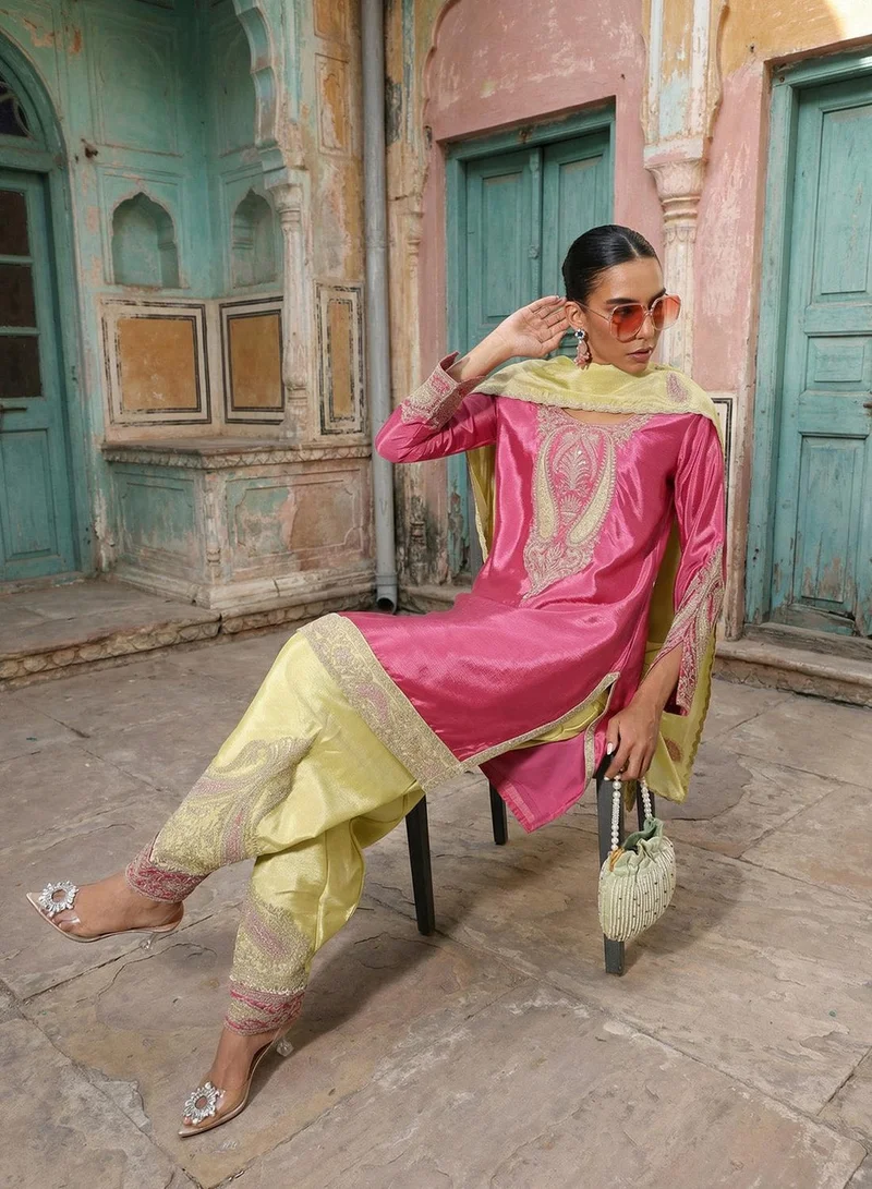 آي شين Pink Poly Embroidered Straight Fit A-Line Tunic & Full Length Palazzo Kurta Set For Women