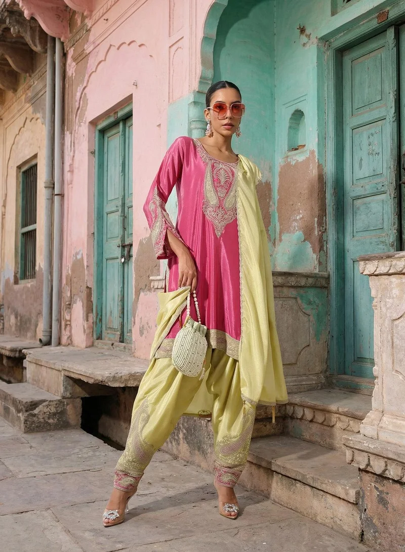 آي شين Pink Poly Embroidered Straight Fit A-Line Tunic & Full Length Palazzo Kurta Set For Women