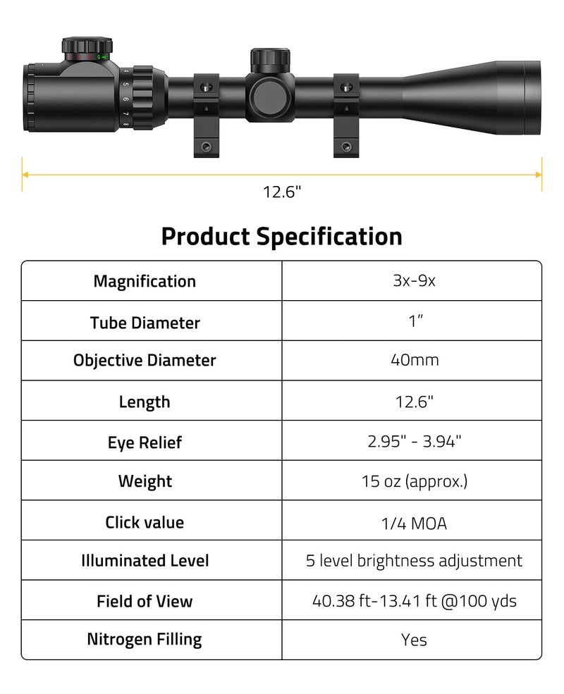 CVLIFE 3-9x40 Rifle Scope, Red & Green Illuminated Optical Riflescope, Mil-dot Reticle Scope for Hunting with Mounts - Image 5
