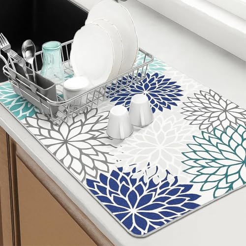 Home-Cloud HomeCloud Dish Drying Mat for Kitchen Counter Hide Stain Super Absorbent, Non-Slip, Heat-Resistant, Great for Dishes,Rack Pad, Kitchen Counter, Coffee Maker (Boho_Navy, 50x40cm) - Image 1
