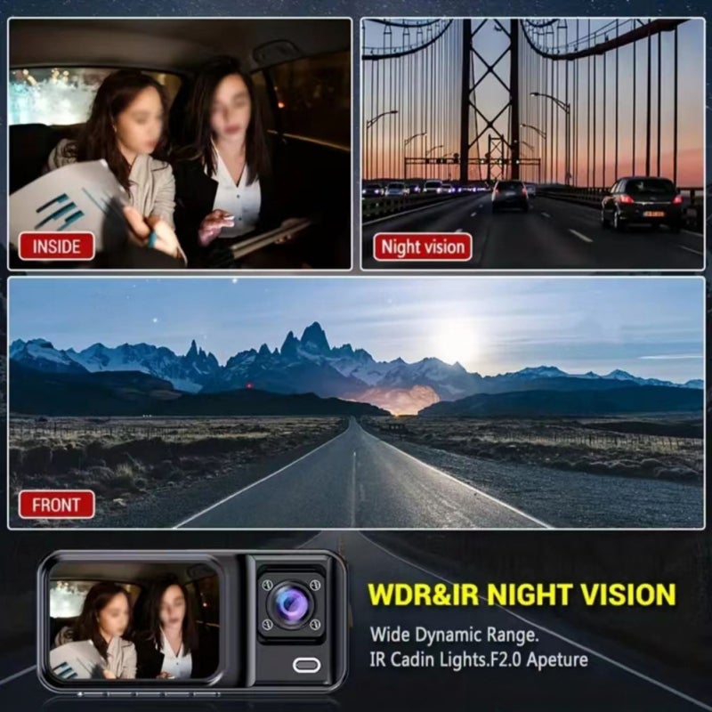 كاميرا عرض شاشة 1080P تسجيل مزدوج عدسة زاوية عريضة 170 درجة - مسجل قيادة بمنظور ليل أحمر محسن لمراقبة مقدمة وداخل المركبة و مساعدة في الاقتحام - Image 2
