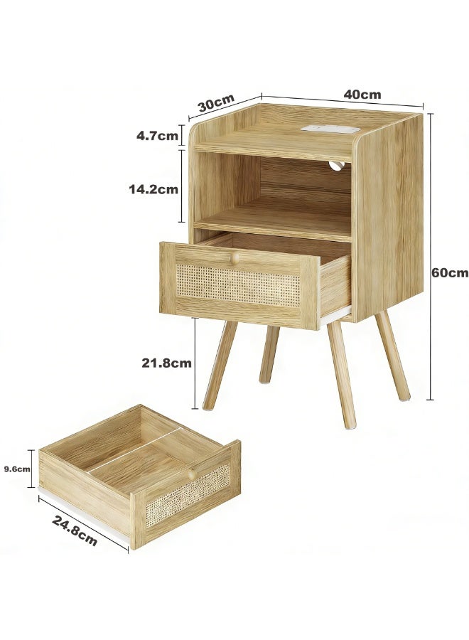 تشولوفز طاولة جانبية مزينة بنقوش من الخيزران الصناعي مع درج زخرفي، طاولة جانبية بنمط الخيزران مع أرجل من الخشب الصلب، طاولة سرير مفتوحة للتخزين - مثالية لغرف النوم وغرف المعيشة والمهاجع - Image 3