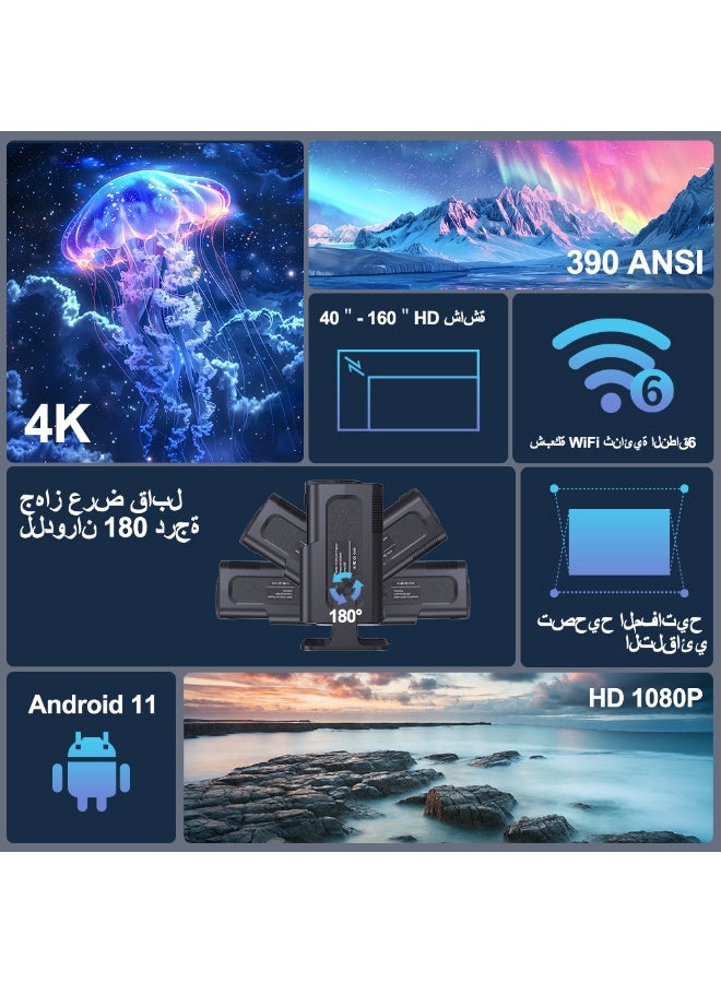 Mini Projector with WIFI 6 and Bluetooth 5, HY320 Full HD 4K Support, 390ANSI Android 11 Smart Portable Projector, Auto Keystone 180°Rotatable 4K Movie Projectors for Home Outdoor Bedroom - Image 2