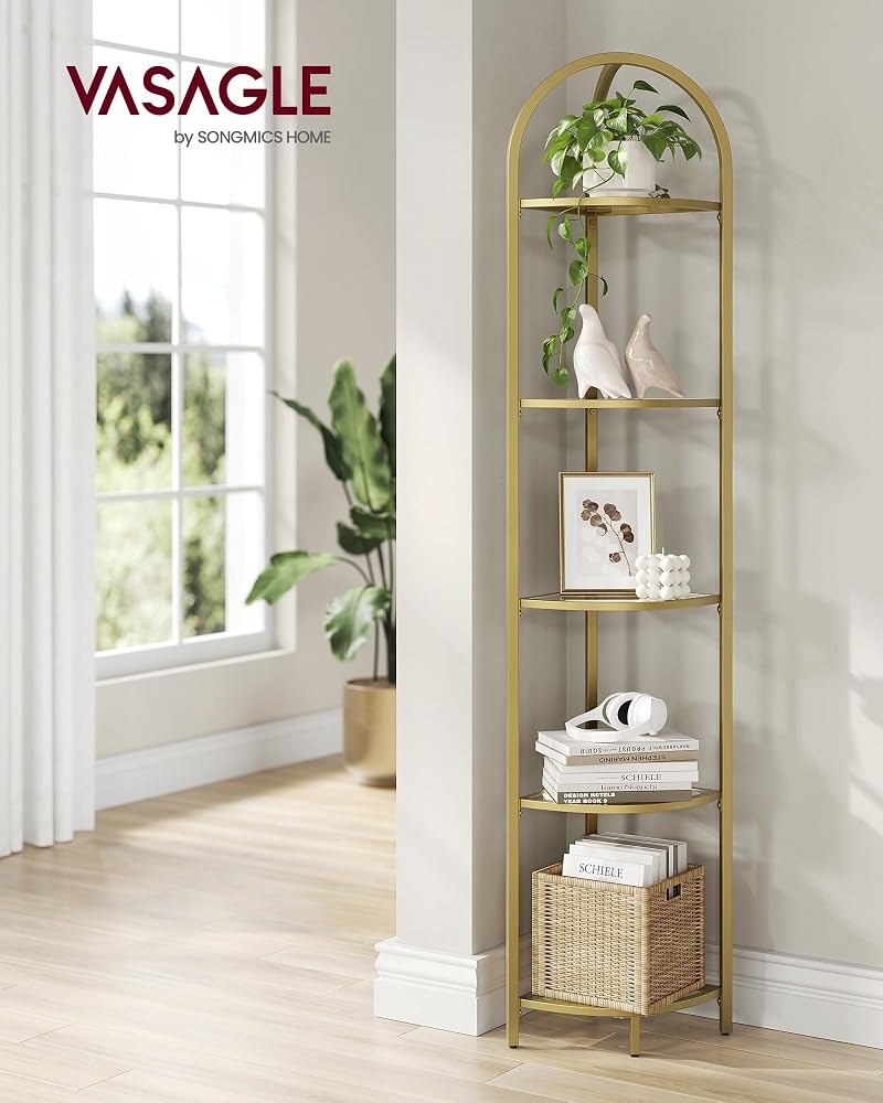 VASAGLE Corner Shelf, 5 Tier Plant Stand, Freestanding Glass Shelf Towers, High Storage Shelves for Living Room, Bathroom, Bedroom, Modern Style, Golden Color LGT810A01 - Image 1