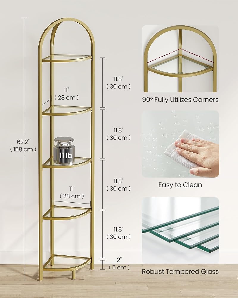 VASAGLE Corner Shelf, 5 Tier Plant Stand, Freestanding Glass Shelf Towers, High Storage Shelves for Living Room, Bathroom, Bedroom, Modern Style, Golden Color LGT810A01 - Image 2