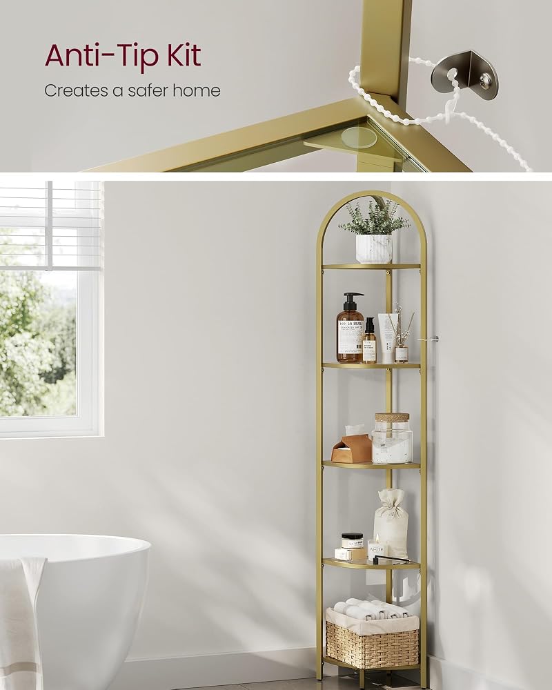 VASAGLE Corner Shelf, 5 Tier Plant Stand, Freestanding Glass Shelf Towers, High Storage Shelves for Living Room, Bathroom, Bedroom, Modern Style, Golden Color LGT810A01 - Image 4