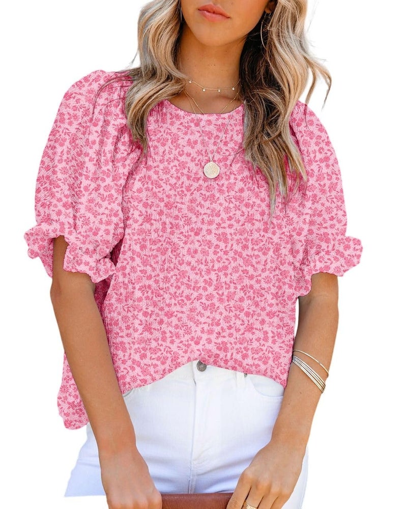 Dokotoo Summer Tops for Women Cute Floral Print Crewneck Smocked Puff Short Sleeve Blouses Babydoll Shirts for Women Teen Girls Casual Holiday Boho Clothing Rose M - Image 1