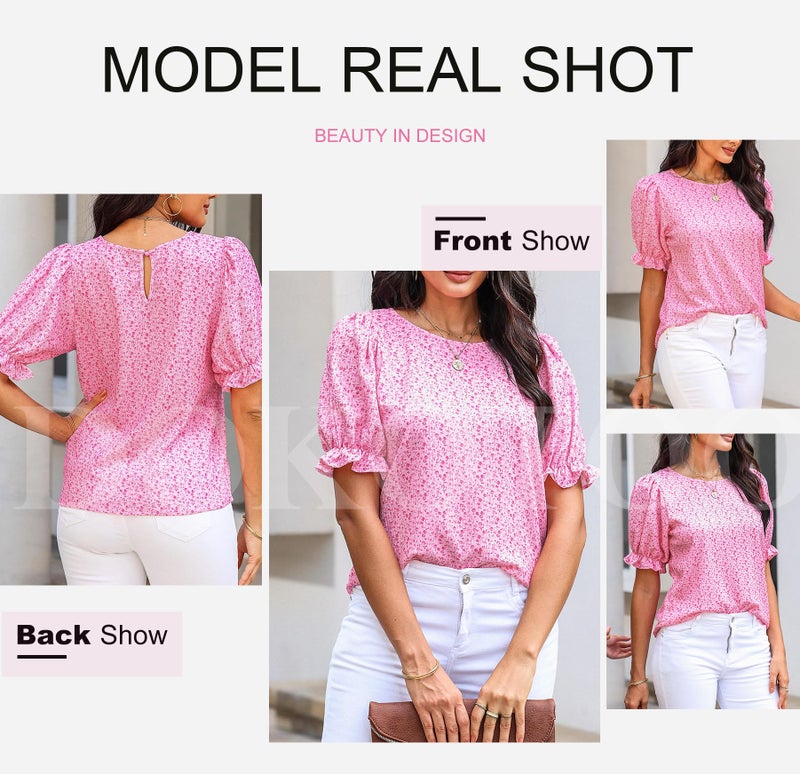Dokotoo Summer Tops for Women Cute Floral Print Crewneck Smocked Puff Short Sleeve Blouses Babydoll Shirts for Women Teen Girls Casual Holiday Boho Clothing Rose M - Image 5