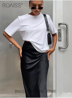 roaiss Stylish Women Silk Satin Midi Skirt Solid Color Design Flattering for All Leg Types Comfortable and Elegant Ladies Long Length Skirt  - Image 2
